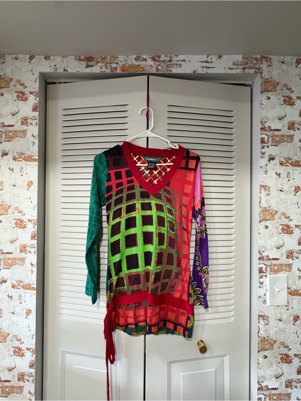 Desigual Multicolor Grid V-Neck Tunic — Red, Green, Purple, Pink